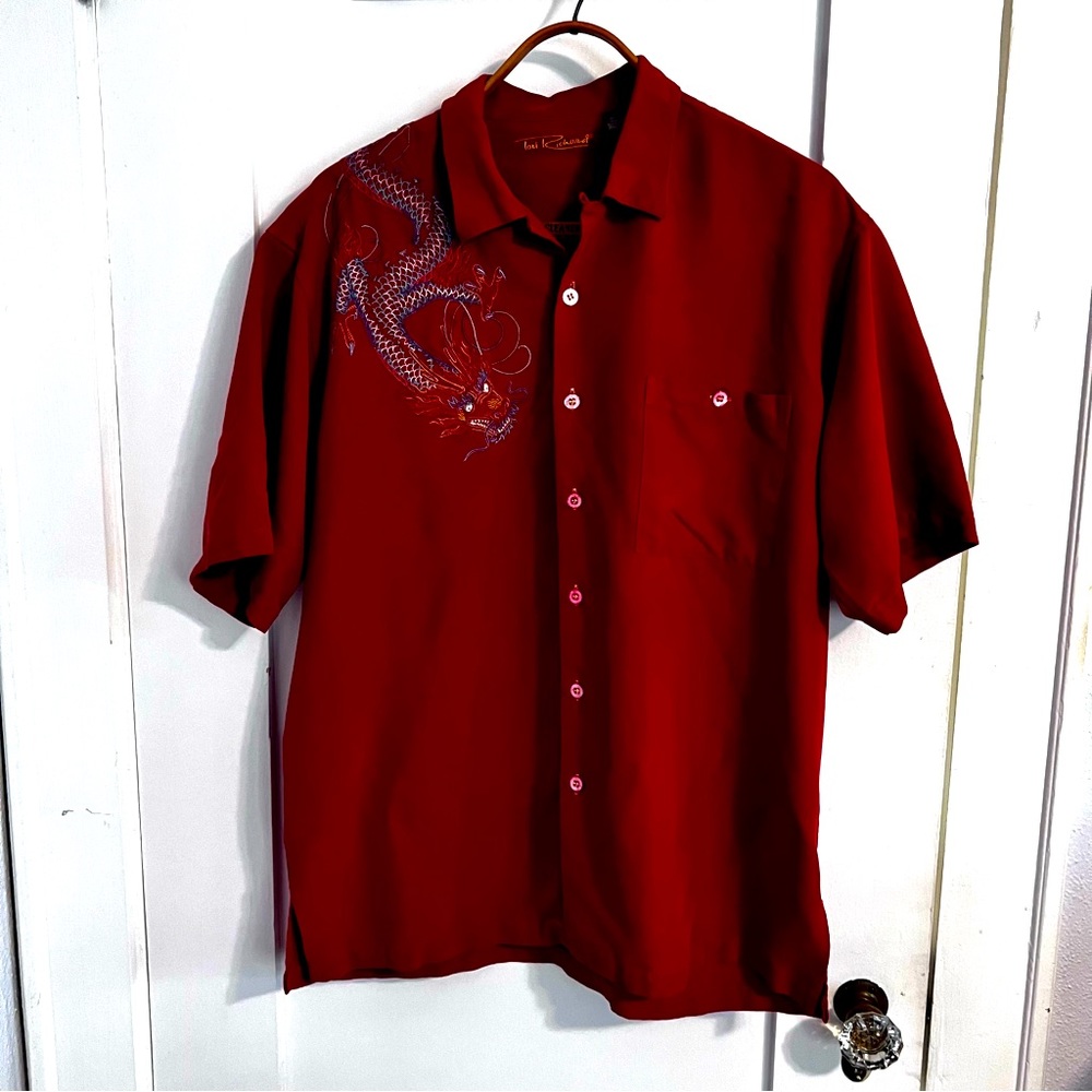 EUC Tori Richard Size Large 100% Silk Embroidered Front/Back Dragon Orangey-Red